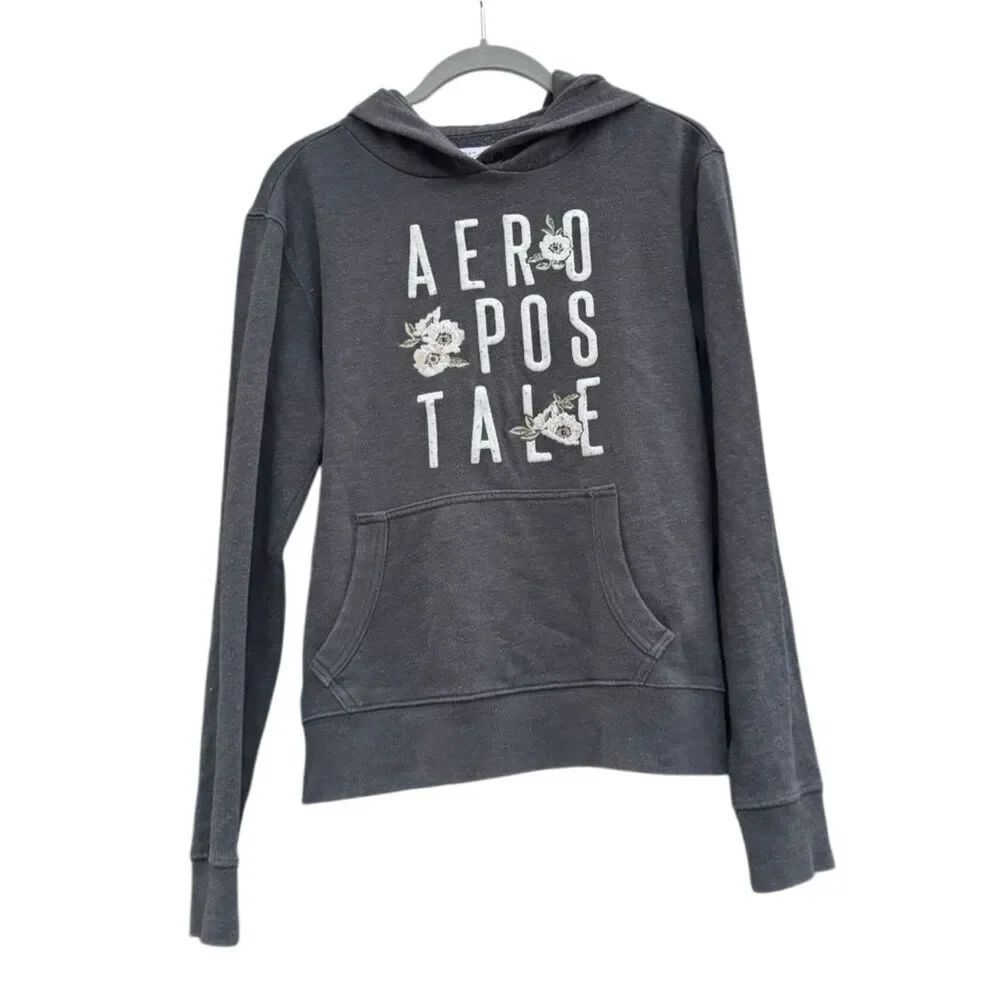 Aeropostale Y2K Women's Gray Floral Embroidered Pullover Hoodie Size Small